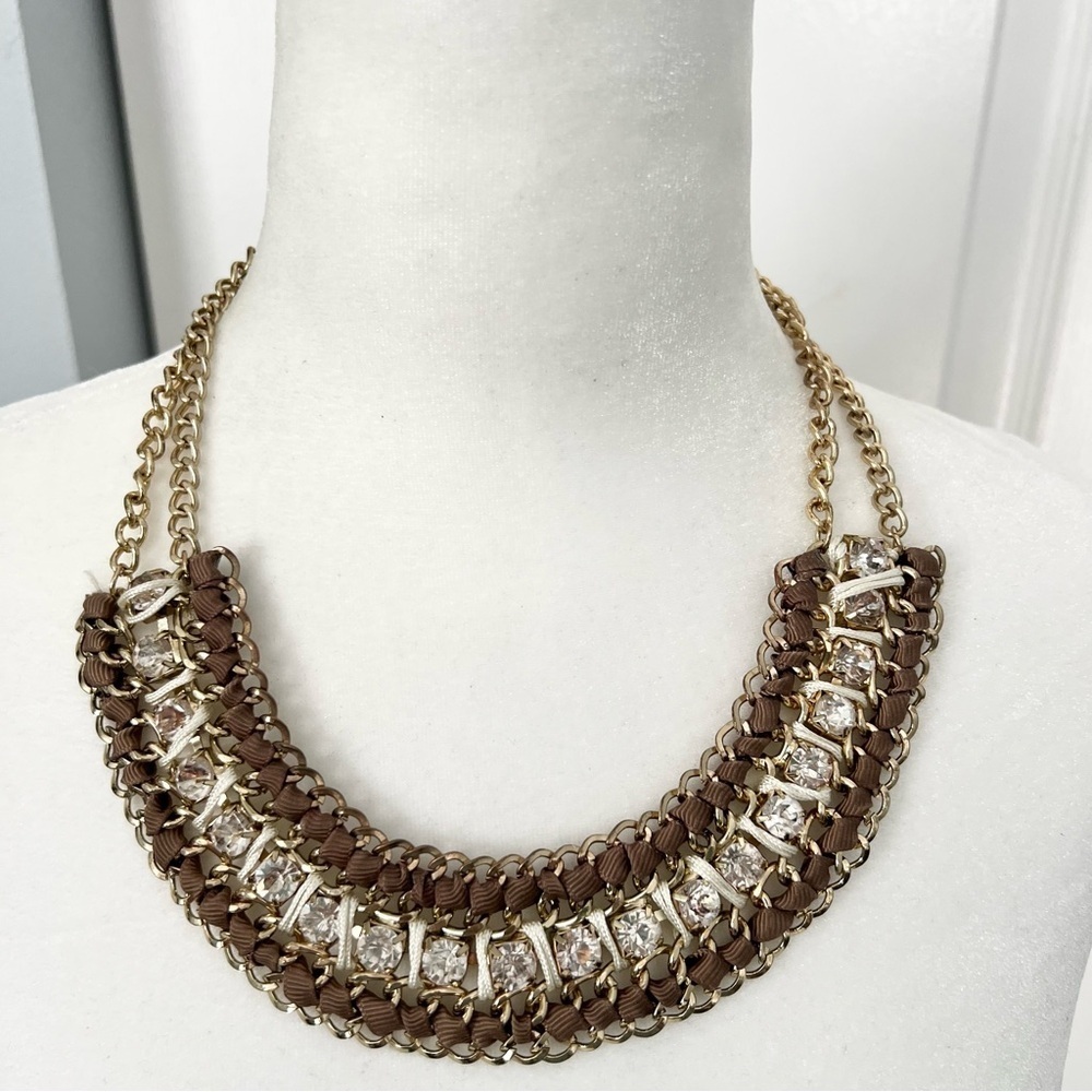 Brown, gold, and rhinestone mixed materials funky bib necklace